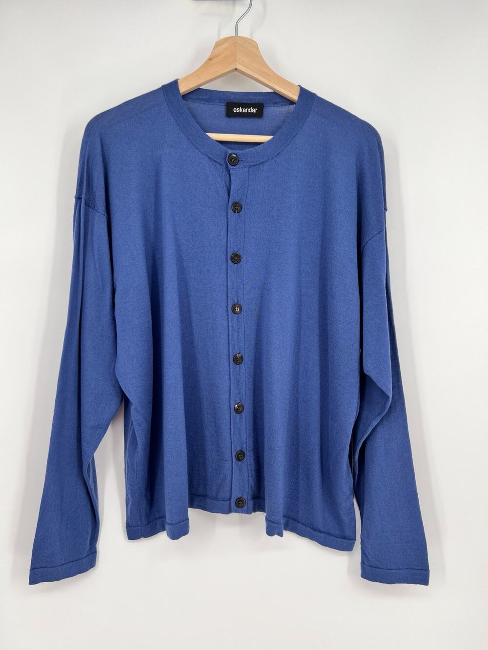 Eskandar 100% Merino Wool Cardigan Sweater Womens O/S Blue Button Up Handloomed